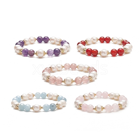Natural Mixed Gemstone & Pearl Round Beaded Stretch Bracelet for Women BJEW-JB09246-1