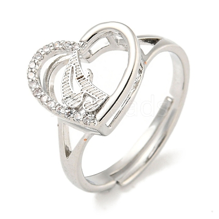 Heart with Letter Rack Plating Brass Micro Pave Cubic Zirconia Adjustable Rings for Women RJEW-I105-06P-I-1