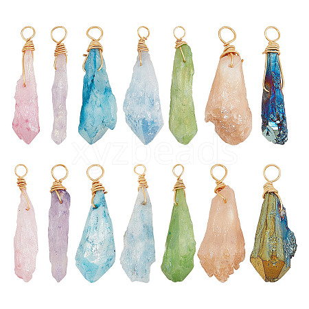 14Pcs 7 Colors Electroplated Natural Quartz Crystal Copper Wire Wrapped Pendants PALLOY-AB00205-1