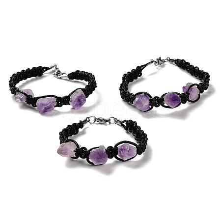 Natural Amethyst Nugget Braided Beaded Bracelet with Leather Rope BJEW-R312-01-1