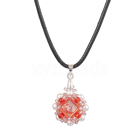 Flower Glass Seed Beads & Acrylic Pendant Necklaces NJEW-MZ00044-02-1