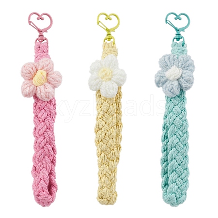 3Pcs 3 Colors Handmade Cotton Knitting Flower and Cotton String Threads Pendant Decorations HJEW-JM02910-1