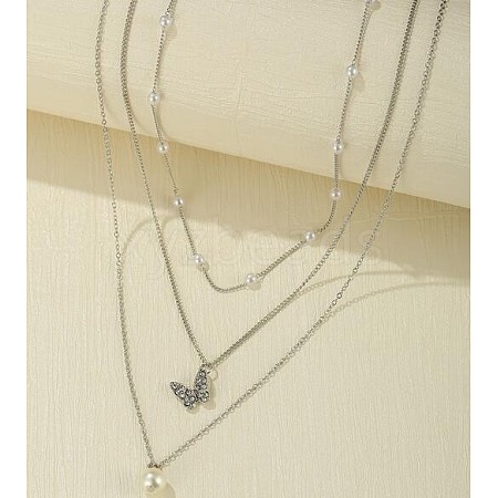 3Pcs Alloy with Plastic Pearl Butterfly Pendant Necklaces for Women WG0BA08-02-1