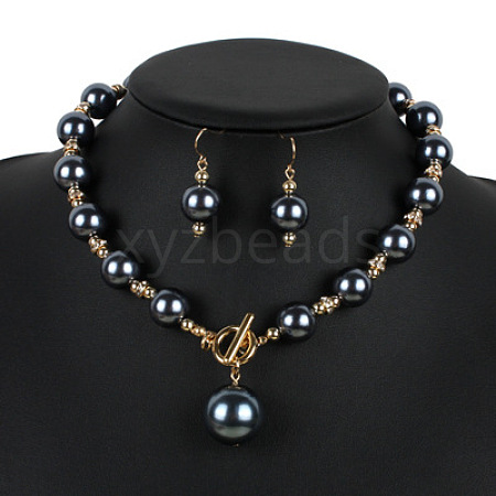 ABS Plastic Imitation Pearl Round Beaded Pendant Necklaces & Dangle Earrings Sets for Women WGD1C77-05-1