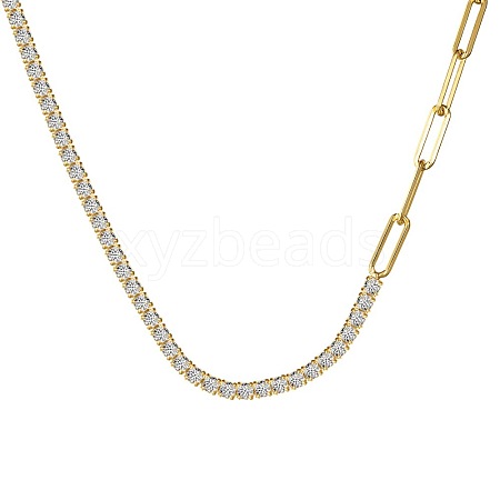 925 Sterling Silver Pave Clear Cubic Zirconia Paperclip Chain Necklaces for Women NJEW-Q342-10G-1