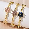 Brass Micro Pave Cubic Zirconia Flower & Leaf Link Chain Bracelets for Women BJEW-G764-03G-1
