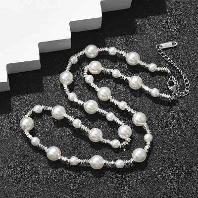 304 Stainless Steel & ABS Plastic Imitation Pearl Round Beded Necklaces for Women NJEW-S442-11P-1
