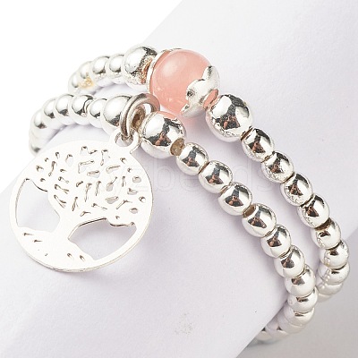2Pcs 2 Style Natural Mashan Jade & Synthetic Hematite Beaded Rings with Brass Tree of Life Charms RJEW-JR00474-03-1