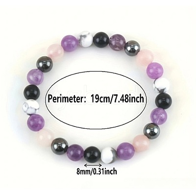 Round Natural & Rose Quartz & Black Stone & Synthetic Howlite & Non-magnetic Hematite Beads Stretch Bracelets for Girl Women FS-WGE0C43-01-1