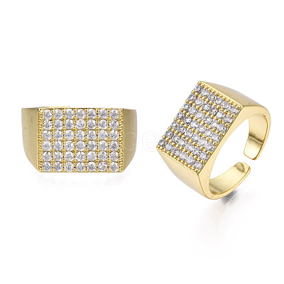 Cubic Zirconia Rectangle Signet Open Cuff Ring RJEW-N037-021-1