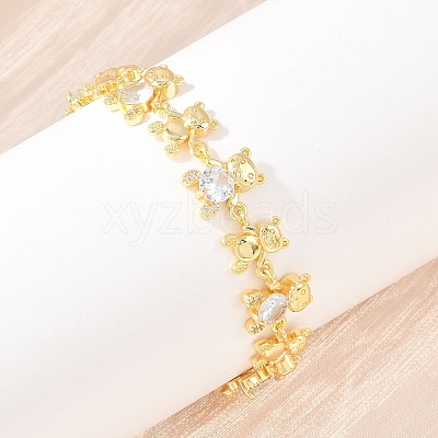 Bear Brass Micro Pave Cubic Zirconia Link Chain Bracelets for Women BJEW-K248-05G-01-1