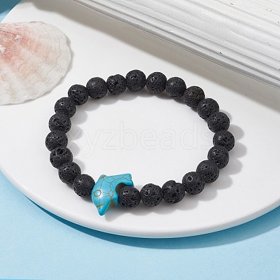 Natural Lava Rock & Synthetic Turquoise Dolphin Beaded Stretch Bracelets BJEW-JB09826-01-1