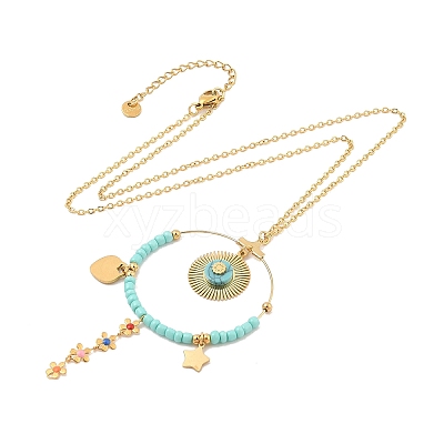 Boho Plasic Bead & 304 Stainless Steel Flower & leaf Pendant Cable Chain Necklaces for Women NJEW-A032-07G-02-1