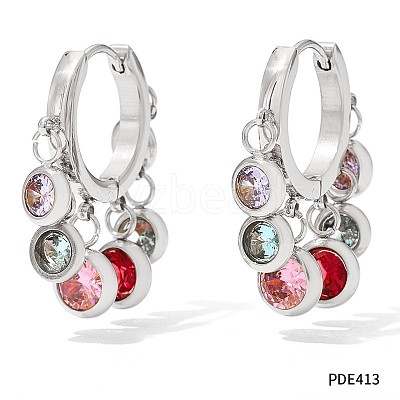 304 Stainless Steel Cubic Zirconia Flat Round Tassel Chandelier Earrings FS-WG9F9FA-02-1