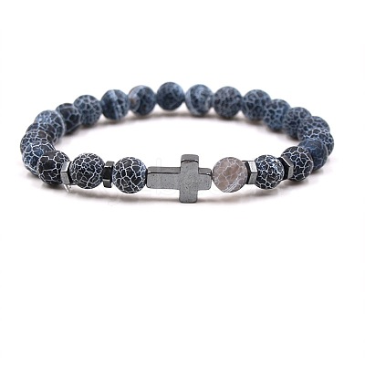 8MM Round Natural Weathered Agate(Dyed & Heated) Beaded Stretch Bracelets with Synthetic Non-magnetic Hematite Cross FA1012-7-1