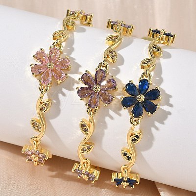 Brass Micro Pave Cubic Zirconia Flower & Leaf Link Chain Bracelets for Women BJEW-G764-03G-1
