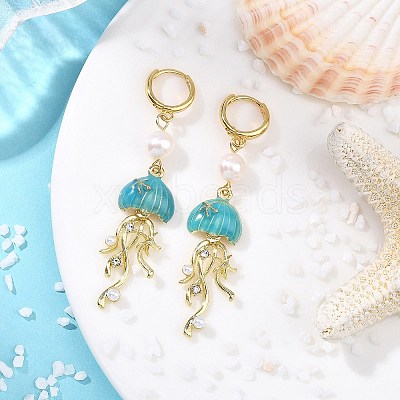 Natural Cultured Freshwater Pearl & Brass Enamel Hoop Dangle Earrings for Women EJEW-JE07268-01-1