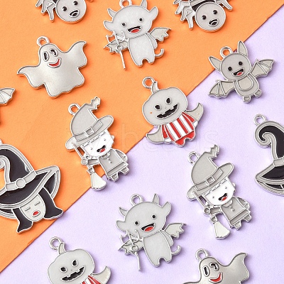14Pcs 7 Styles Halloween Theme Rack Plating Luminous Alloy Enamel Pendants ENAM-FS0002-10P-1
