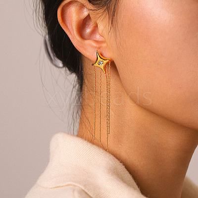 304 Stainless Steel Pave Clear Cubic Zirconia Star Tassel Earrings for Women WG0B521-01-1