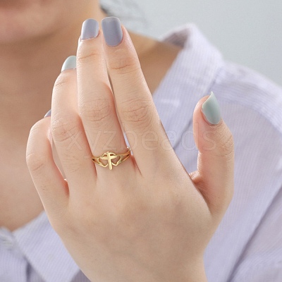 Double Heart with Cross 304 Stainless Steel Adjustable Ring for Women RJEW-B035-06G-1