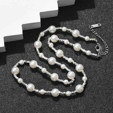 304 Stainless Steel & ABS Plastic Imitation Pearl Round Beded Necklaces for Women NJEW-S442-11P-1