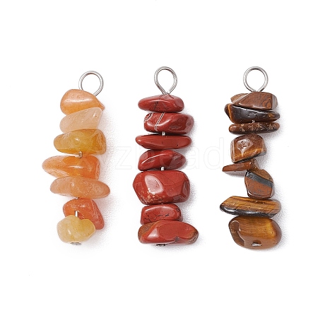 3Pcs Natural Red Aventurine & Red Jasper & Tiger Eye Chip Beaded Constellation Pendants PALLOY-JF03043-05-1