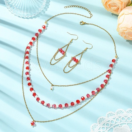 Rondelle 304 Stainless Steel & Glass Beaded Layered Necklace and Earring Set Set for Women SJEW-JS01384-02-1