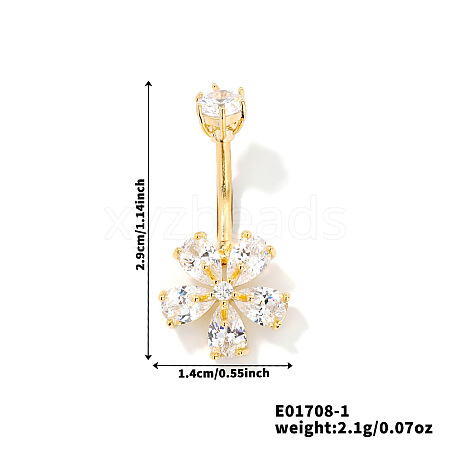 Flower Brass Cubic Zirconia Belly Rings Curved Barbell QR5785-1-1