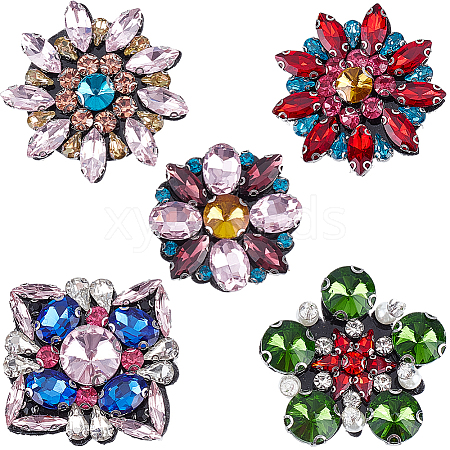 Gorgecraft 5Pcs 5 Style Glass Rhinestone Beading Flower Applqiues PATC-GF0001-23-1