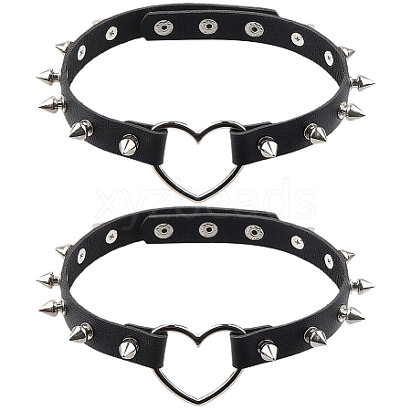2Pcs Adjustable Gothic PU Leather Alloy Heart Spike Rivet Heart Choker Necklaces for Women NJEW-CL0001-17A-1