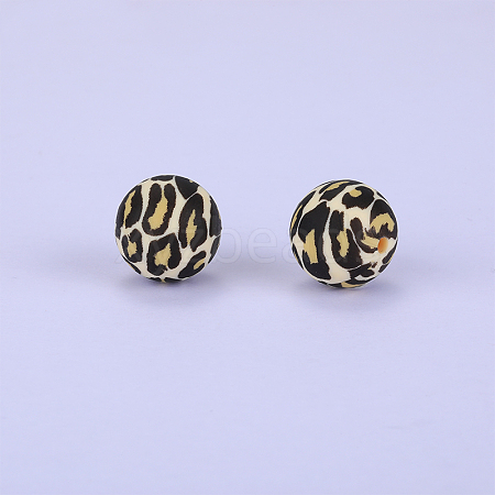 Printed Round with Leopard Print Pattern Silicone Focal Beads SI-JX0056A-02-1