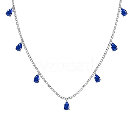 Rhodium Plated 925 Sterling Silver Pave Blue Cubic Zirconia Cable Chain Teardrop Tassel Necklaces for Women NJEW-Q342-14P-1