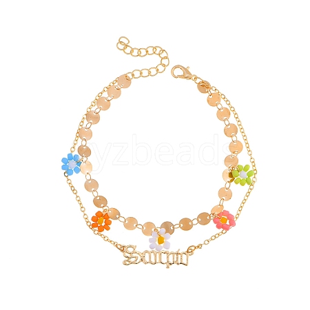 Constellation Alloy & Glass Seed Beads Double Layer Colorful Flower Anklets PW-WGA6E00-11-1