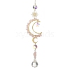 Natural Rose Quartz & Star Glass Beaded Suncatcher with Brass Sun Moon Charm HJEW-JM05016-03-1