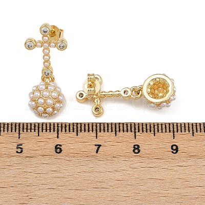 Brass Micro Pave Clear Cubic Zirconia Cross with Half Round Dangle Stud Earrings EJEW-L275-05G-1