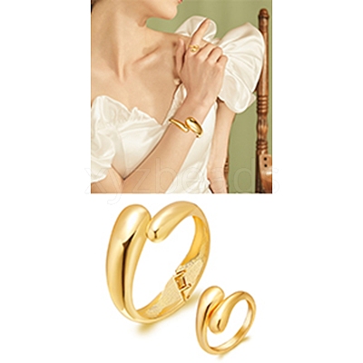 Brass Teardrop Open Cuff Rings & Open Cuff Bangles Jewelry Sets for Women SJEW-SZ0001-016G-1
