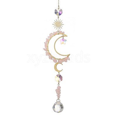 Natural Rose Quartz & Star Glass Beaded Suncatcher with Brass Sun Moon Charm HJEW-JM05016-03-1