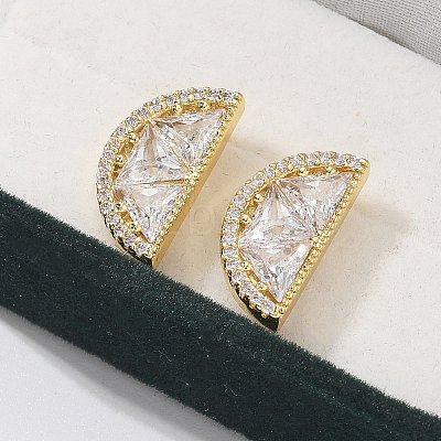 Half Round Brass Micro Pave Clear Cubic Zirconia Stud Earrings EJEW-M077-08G-1