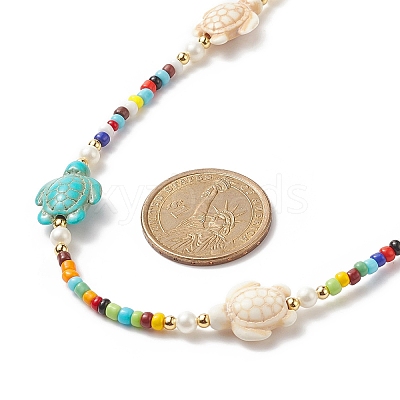 Tortoise Dyed Synthetic Turquoise & Shell Pearl & Glass Seed Beaded Necklace NJEW-TA00054-1
