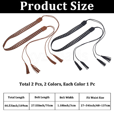 2Pcs 2 Colors Bohemian Imitation Leather Tassel Wrap Chain Belts AJEW-CL0003-47B-1