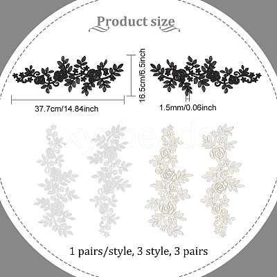3 Pairs 3 Style Rose Pattern Polyester Computerized Embroidered Appliques DIY-FG0003-96-1