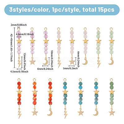 15Pcs 5 Colors Natural Carnelian & Green Aventurine & Rose Quartz & Amethyst & Apatite Faceted Round Beaded Pendants PALLOY-CA00041-1