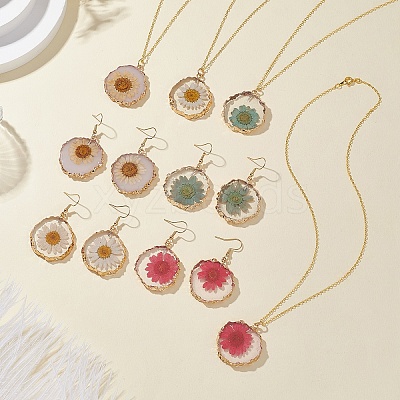 Inner Dried Flower Resin Dangle Earring & Pendant Necklaces Sets SJEW-FS00005-1