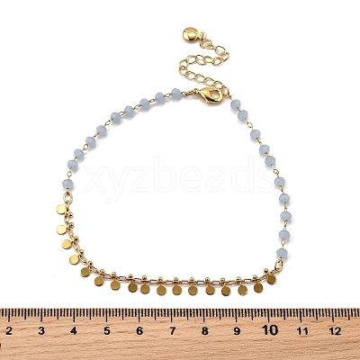 Bohemian Natural Dyed Stone Imitation Aquamarine Faceted Round & Brass Disc Tassel Anklets AJEW-Z046-07G-1