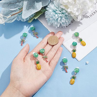 4 Pairs 2 Style Coconut Tree & Pineapple Enamel Dangle Clip-on Earring EJEW-AR0001-08-1