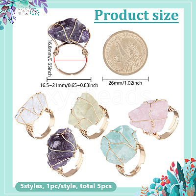 5Pcs 5 Styles Natural Yellow Quartz & Fluorite & Rose Quartz & Amethyst & Quartz Crystal Adjustable Finger Rings RJEW-FG0001-02-1