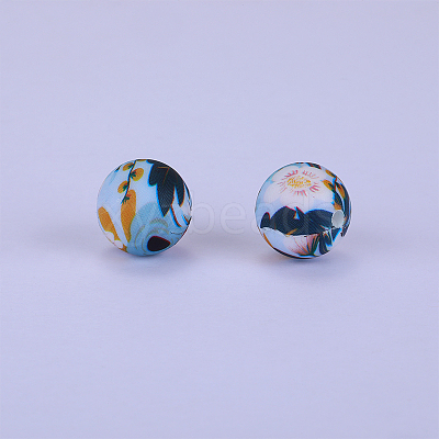 Printed Round with Flower Pattern Silicone Focal Beads SI-JX0056A-163-1