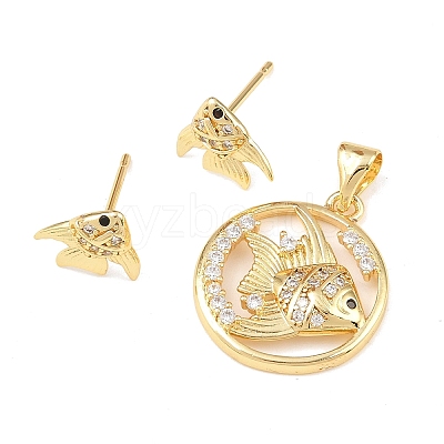 Brass Micro Pave Cubic Zirconia Pendant & Stud Earrings Sets for Women SJEW-F227-01G-G-1