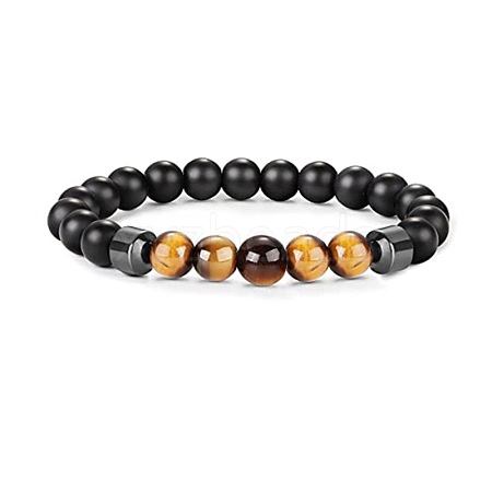 8mm Round Naturla Tiger Eye & Synthetic Non-magnetic Hematite & Frosted Natural Obsidian Beaded Stretch Bracelets for Women Men UP4024-4-1