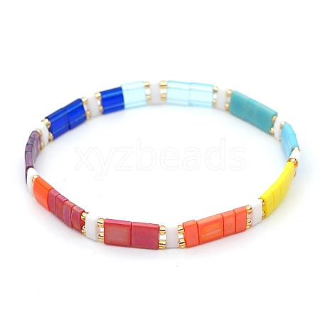 Bohemian Rainbow Glass Flat Double-Hole Bead Striped Women's Stretch Bracelets for Women QS8192-8-1